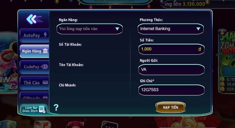 Nạp tiền vào 789Club bằng chuyển khoản ngân hàng